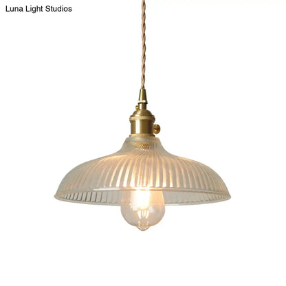 Rustic Brass Pendant Light Fixture with Clear Ribbed Glass Bowl