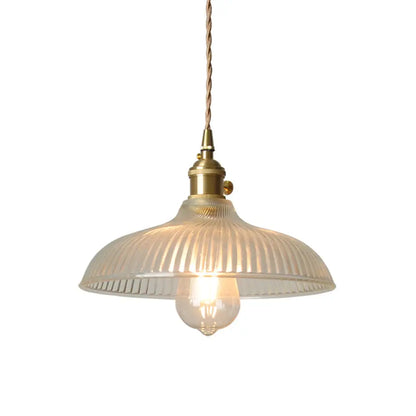 Rustic Brass Pendant Light Fixture with Clear Ribbed Glass Bowl