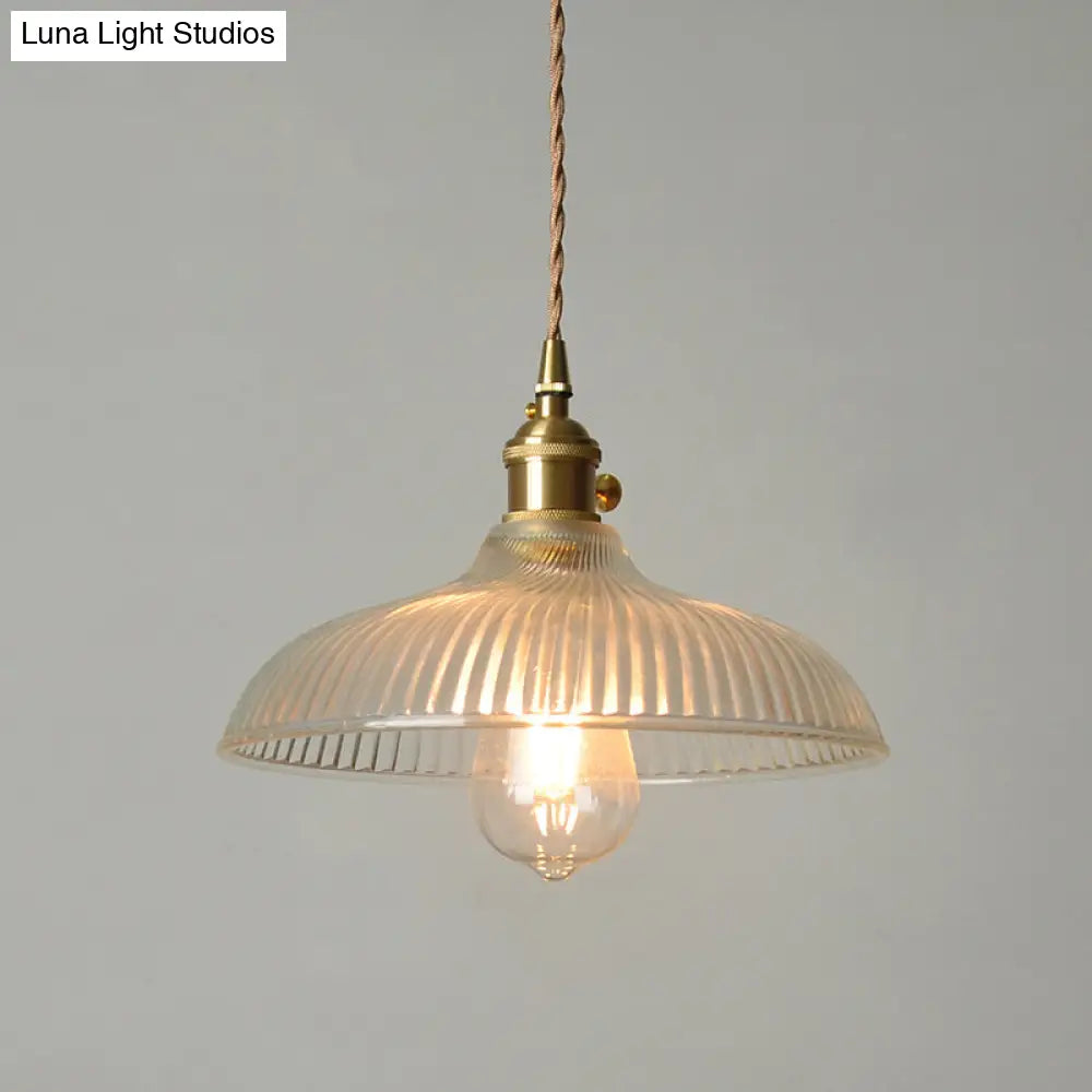 Rustic Brass Pendant Light Fixture with Clear Ribbed Glass Bowl