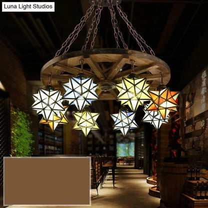 Rustic Brass Pendant Light with Stained Glass Star Shade for Foyer Chandelier
