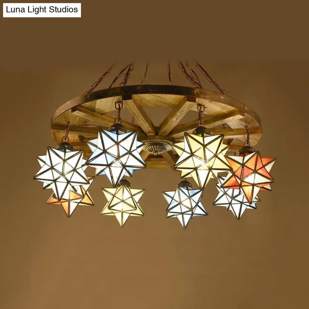 Rustic Brass Pendant Light with Stained Glass Star Shade for Foyer Chandelier