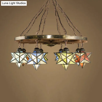 Rustic Brass Pendant Light with Stained Glass Star Shade for Foyer Chandelier