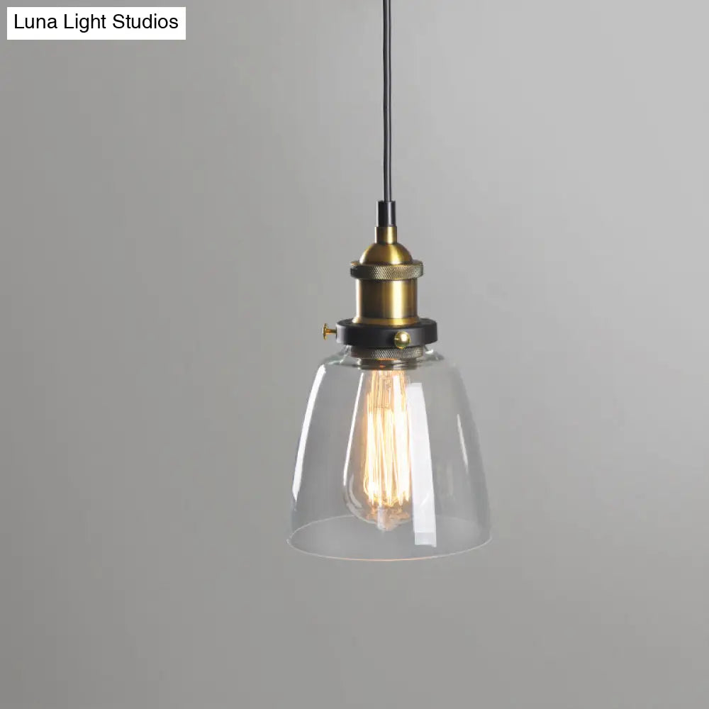 Rustic Brass Single-Bulb Bell Pendulum Light with Clear, Amber, and Smoke Grey Glass - Bedroom Hanging Pendant