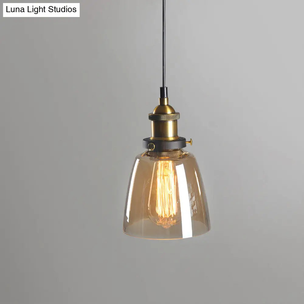 Rustic Brass Single-Bulb Bell Pendulum Light with Clear, Amber, and Smoke Grey Glass - Bedroom Hanging Pendant