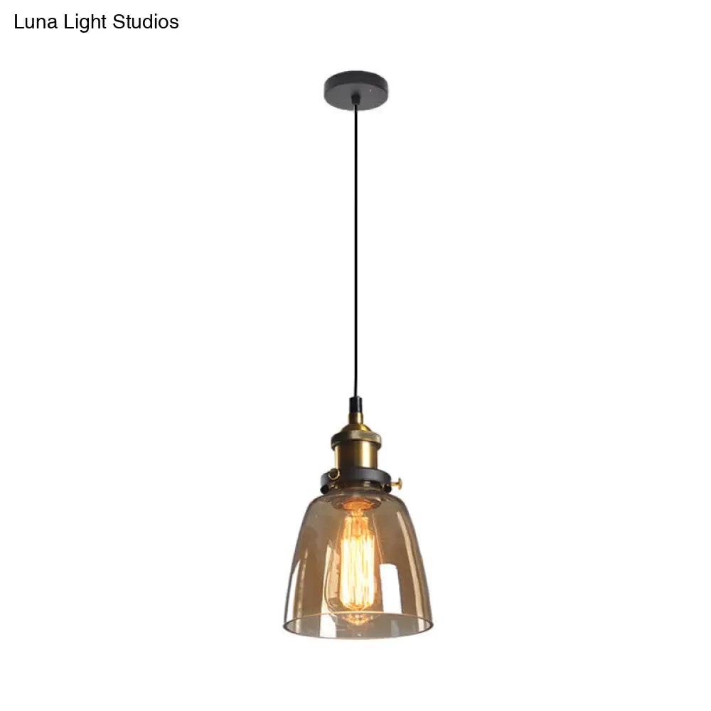 Rustic Brass Single-Bulb Bell Pendulum Light with Clear, Amber, and Smoke Grey Glass - Bedroom Hanging Pendant