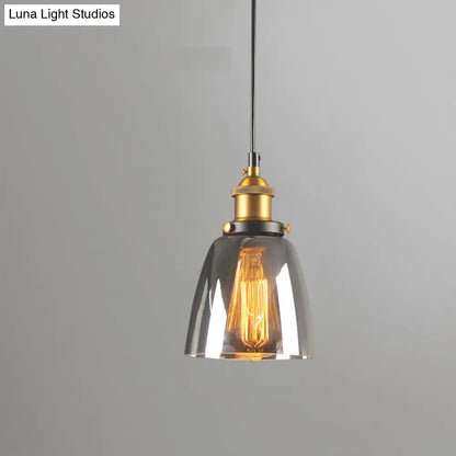 Rustic Brass Single-Bulb Bell Pendulum Light with Clear, Amber, and Smoke Grey Glass - Bedroom Hanging Pendant