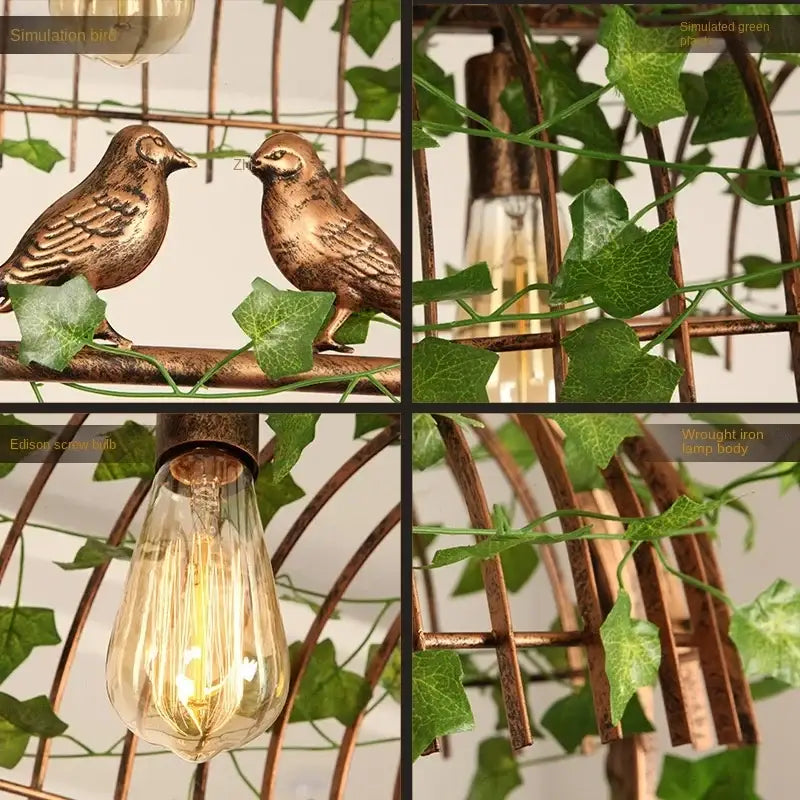 Rustic bronze iron bird cage chandelier with bronze bird figurines and simulated green ivy for dining room decorbites iron bird decor