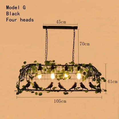 Rustic bronze iron bird cage chandelier with four exposed bulbs, green ivy, and bird silhouettes for dining room decorbites iron bird cage