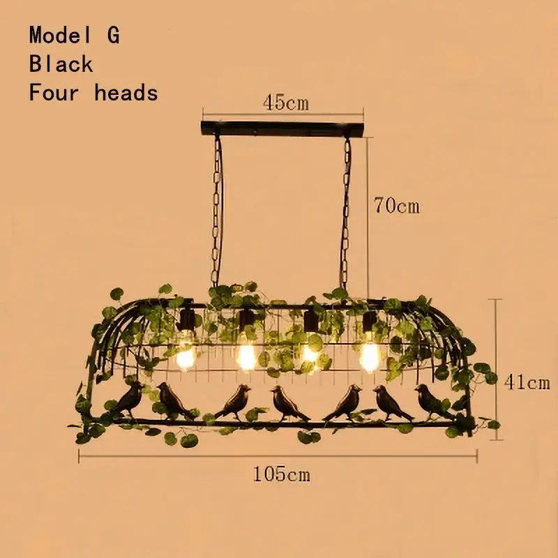 Rustic bronze iron bird cage chandelier with four exposed bulbs, green ivy, and bird silhouettes for dining room decorbites iron bird cage