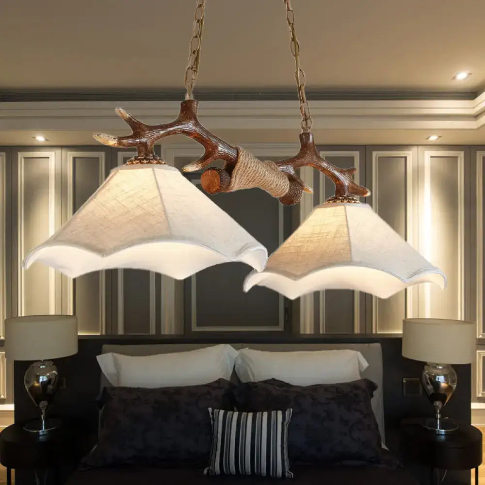 Decorbites traditional bell ceiling light with two white flaxen fabric shades and rustic brown antler metal frame bulb base