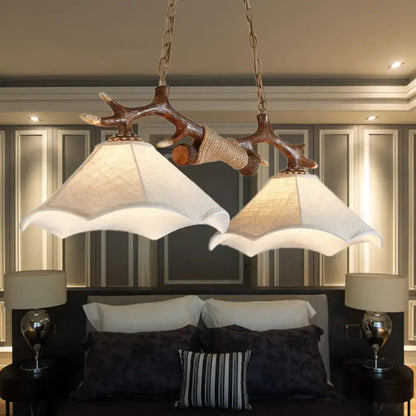 Decorbites traditional bell ceiling light with two white flaxen fabric shades and rustic brown antler metal frame bulb base