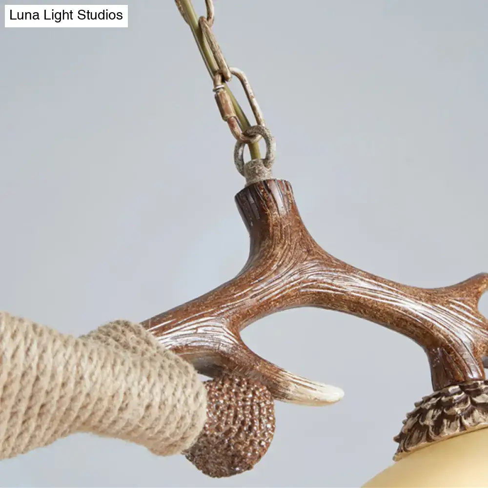 Decorbites traditional bell ceiling light with antler arm, rustic brown finish, rope-wrapped accents, 2-bulb base