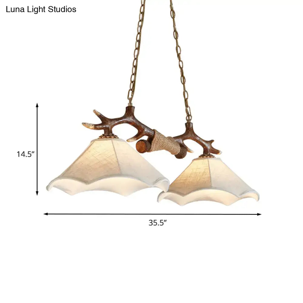 Decorbites traditional bell ceiling light with antler arm, two cream textured glass shades, brass chains, e12 e14 bulb base