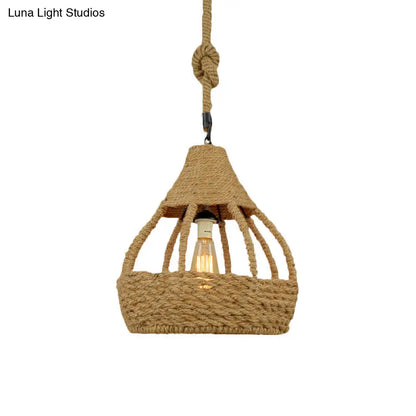 Rustic Brown Balcony Pendant Light Fixture with Rope Dome Shade - Country Style Suspension