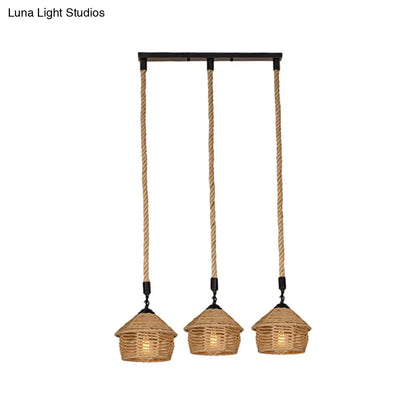 Rustic Brown Barn Pendant Lamp Cluster – Rural Rope Design – 3/6 Lights – Ceiling Suspension – Round/Linear Canopy – Dining Room