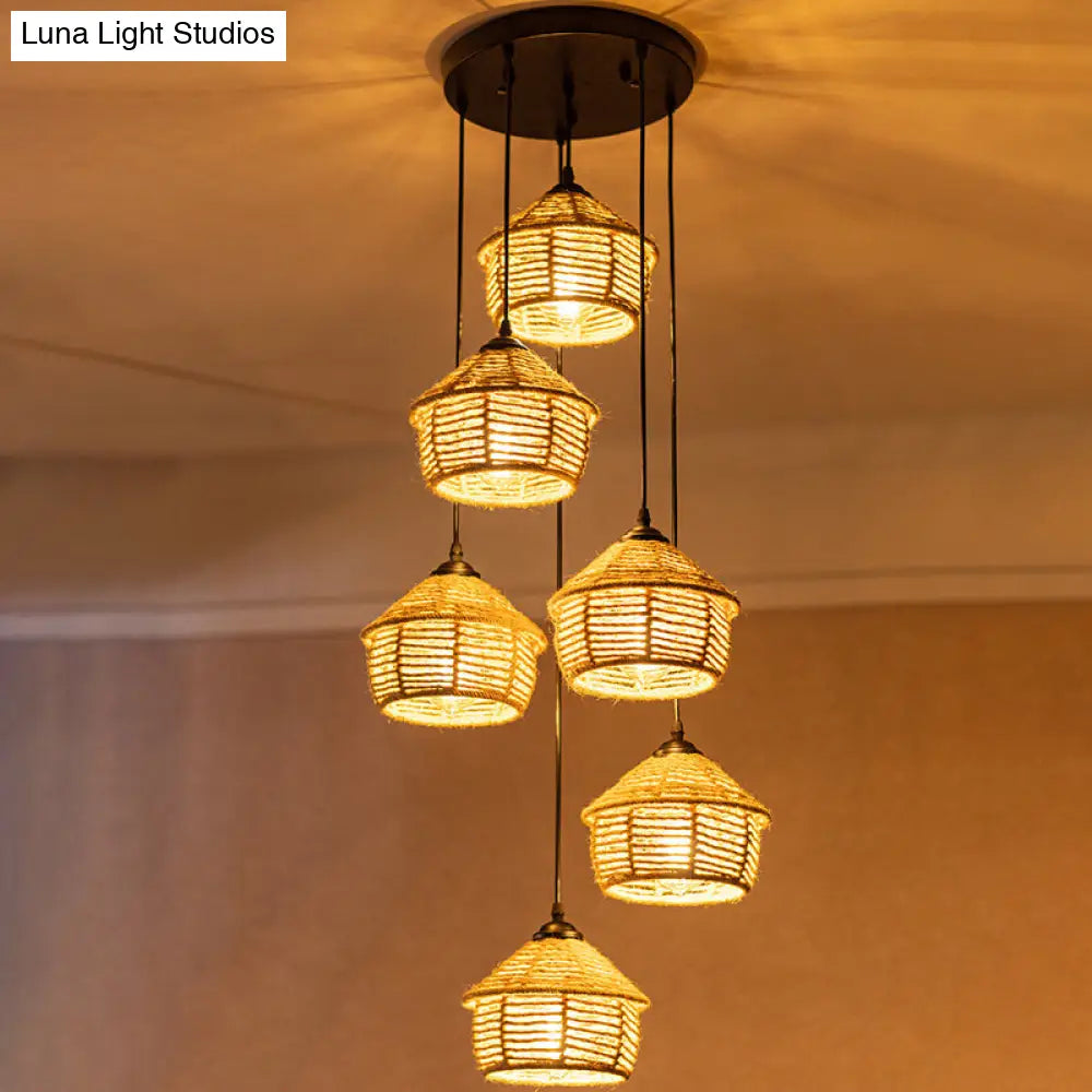 Rustic Brown Barn Pendant Lamp Cluster – Rural Rope Design – 3/6 Lights – Ceiling Suspension – Round/Linear Canopy – Dining Room