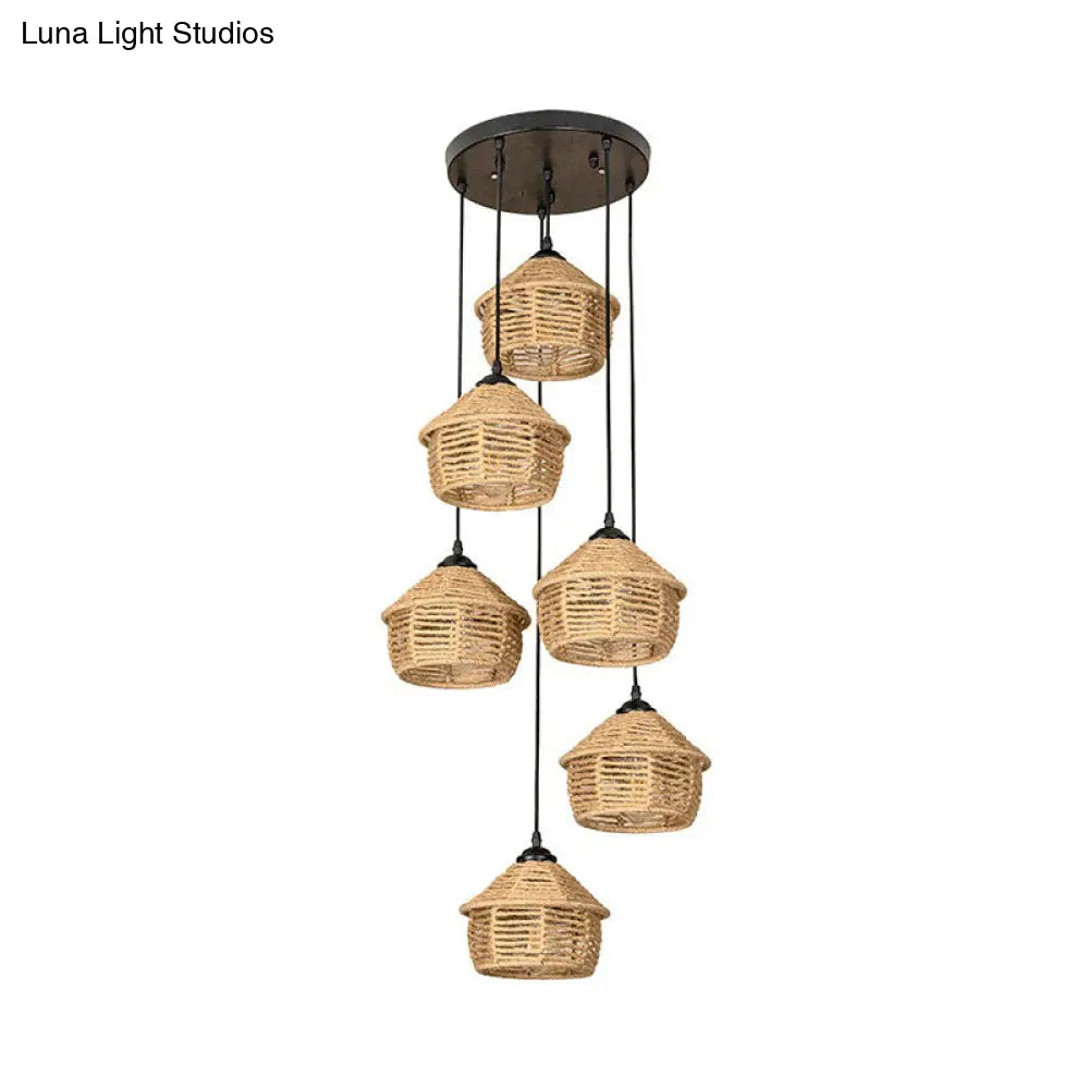 Rustic Brown Barn Pendant Lamp Cluster – Rural Rope Design – 3/6 Lights – Ceiling Suspension – Round/Linear Canopy – Dining Room