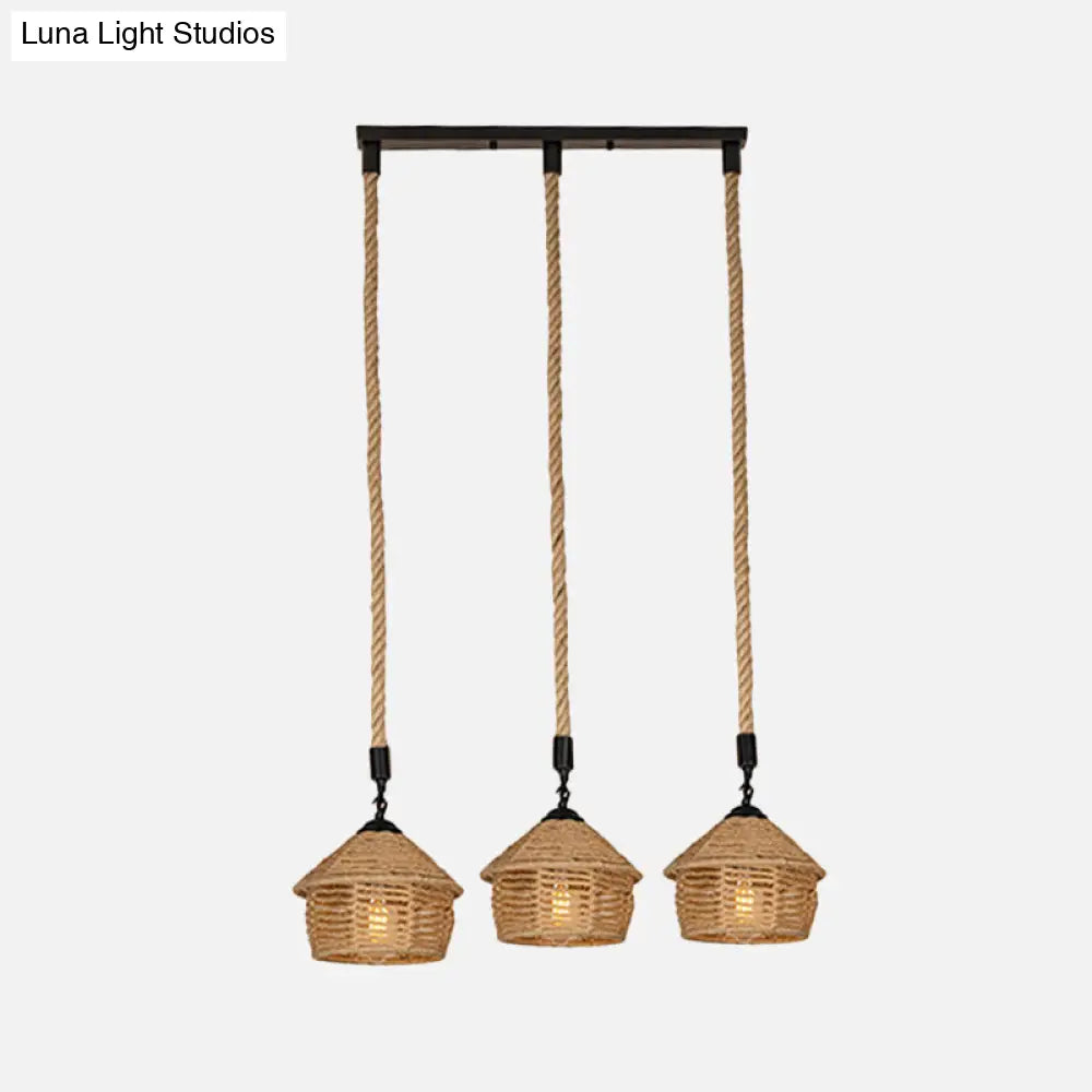 Rustic Brown Barn Pendant Lamp Cluster – Rural Rope Design – 3/6 Lights – Ceiling Suspension – Round/Linear Canopy – Dining Room