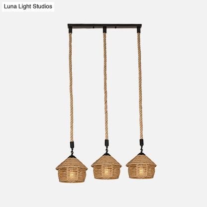 Rustic Brown Barn Pendant Lamp Cluster – Rural Rope Design – 3/6 Lights – Ceiling Suspension – Round/Linear Canopy – Dining Room