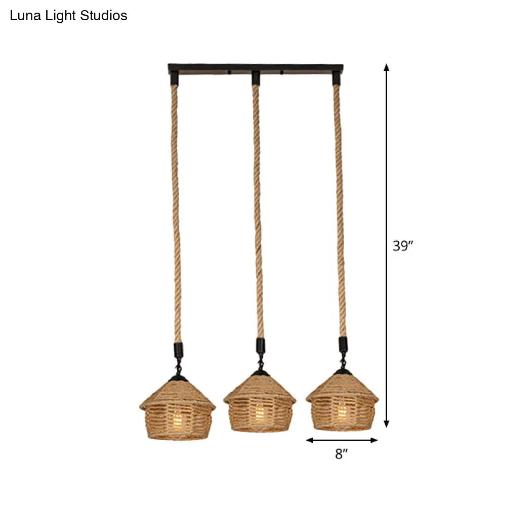 Rustic Brown Barn Pendant Lamp Cluster – Rural Rope Design – 3/6 Lights – Ceiling Suspension – Round/Linear Canopy – Dining Room