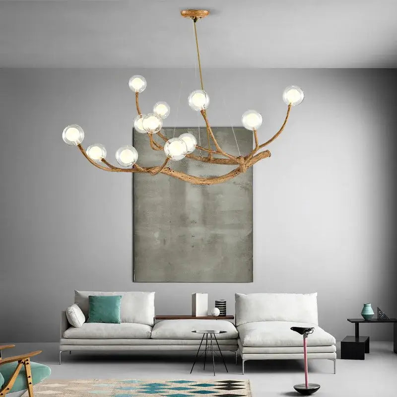 Rustic brown natural wood branch glass bubble chandelier with frosted glass globe bulbs for dining room decorbites glass bubble