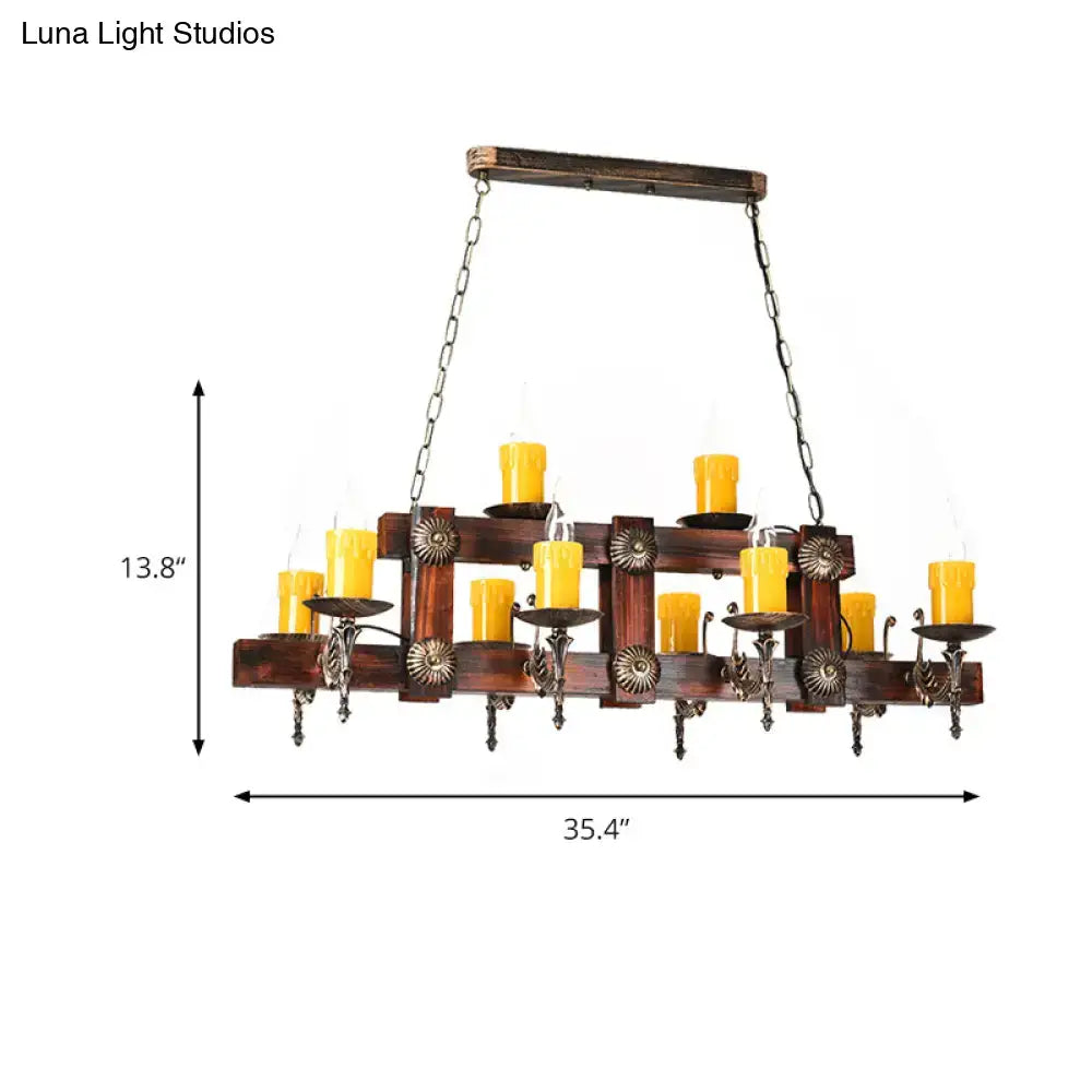 Rustic brown candle island lighting fixture with dark wood and wrought iron chandelier featuring ten yellow candles