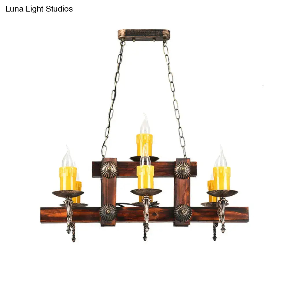 Rustic brown candle island lighting fixture with dark wood finish and ornate metal accents featuring five bulbs