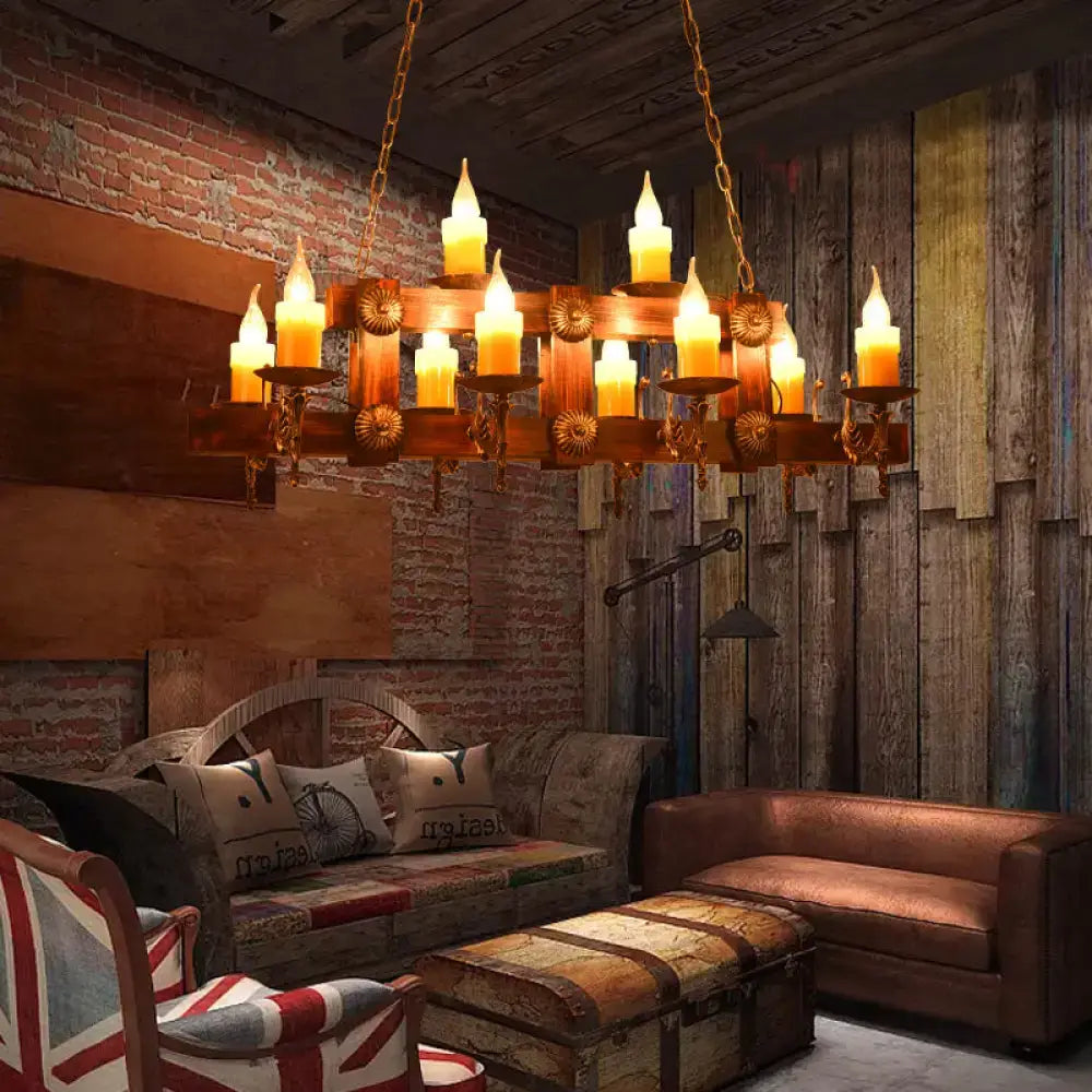 Rustic brown candle island lighting fixture with copper finish and sunflower motifs for dining room chandelier