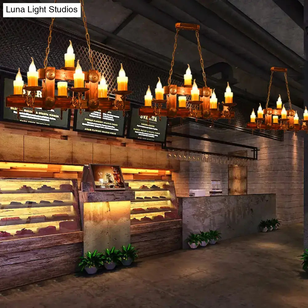 Rustic brown candle island lighting fixture with wooden chandeliers and multiple candle style bulbs for dining room