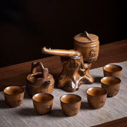 Rustic brown ceramic tea set with tree trunk base and engraved chinese characters for tea brewing decorbites ceramic kung