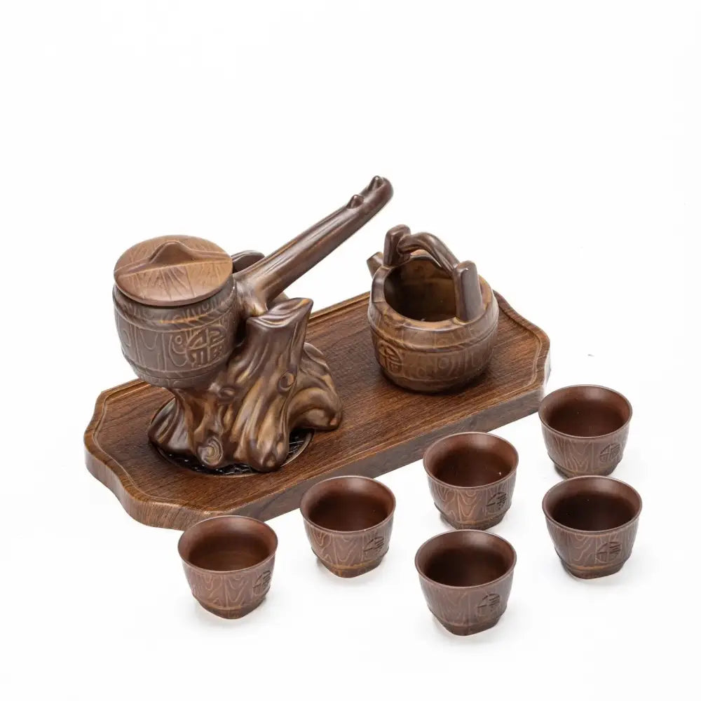 Rustic brown ceramic tea set with tree-root-inspired design and engraved patterns for tea brewing decorbites ceramic kung