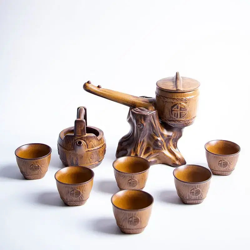 Rustic brown hand-carved wooden tea set with tree-stump base and engraved chinese characters for tea brewing decorbites ceramic kung