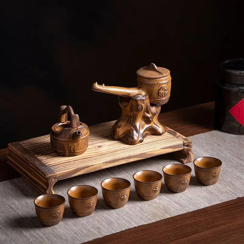 Rustic brown ceramic tea set featuring hand-carved wooden pieces with tree-root base for decorbites ceramic kung tea brewing