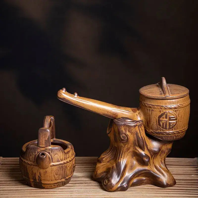 Rustic brown ceramic tea set with wood-grain patterns and traditional emblem for tea brewing by decorbites ceramic kung