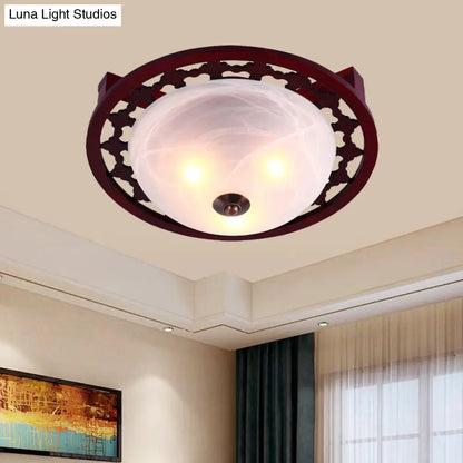 DecorBites™ DecorBites™ Rustic Brown Dome Flush Mount Lighting with Frosted Glass - 3-Light, Wood Design – Close-to-Ceiling Lamp for Bedroom