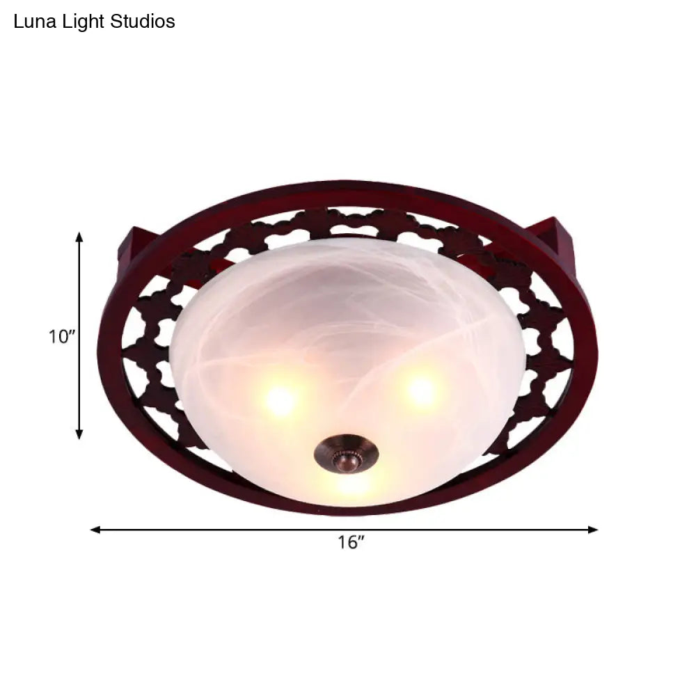 DecorBites™ DecorBites™ Rustic Brown Dome Flush Mount Lighting with Frosted Glass - 3-Light, Wood Design – Close-to-Ceiling Lamp for Bedroom