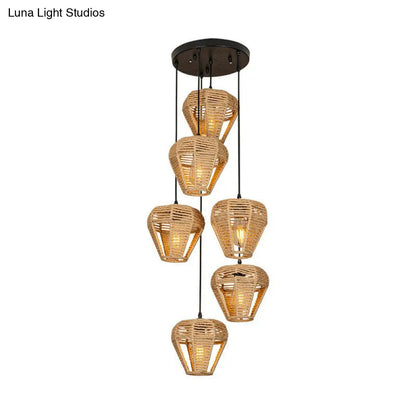 Rustic Brown Hemp Rope Pendant Light Fixture with Inverted Droplets - Multi-Light Option