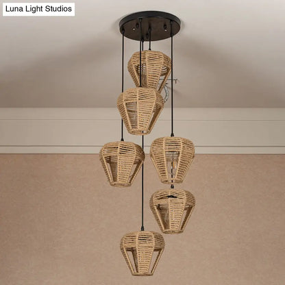 Rustic Brown Hemp Rope Pendant Light Fixture with Inverted Droplets - Multi-Light Option