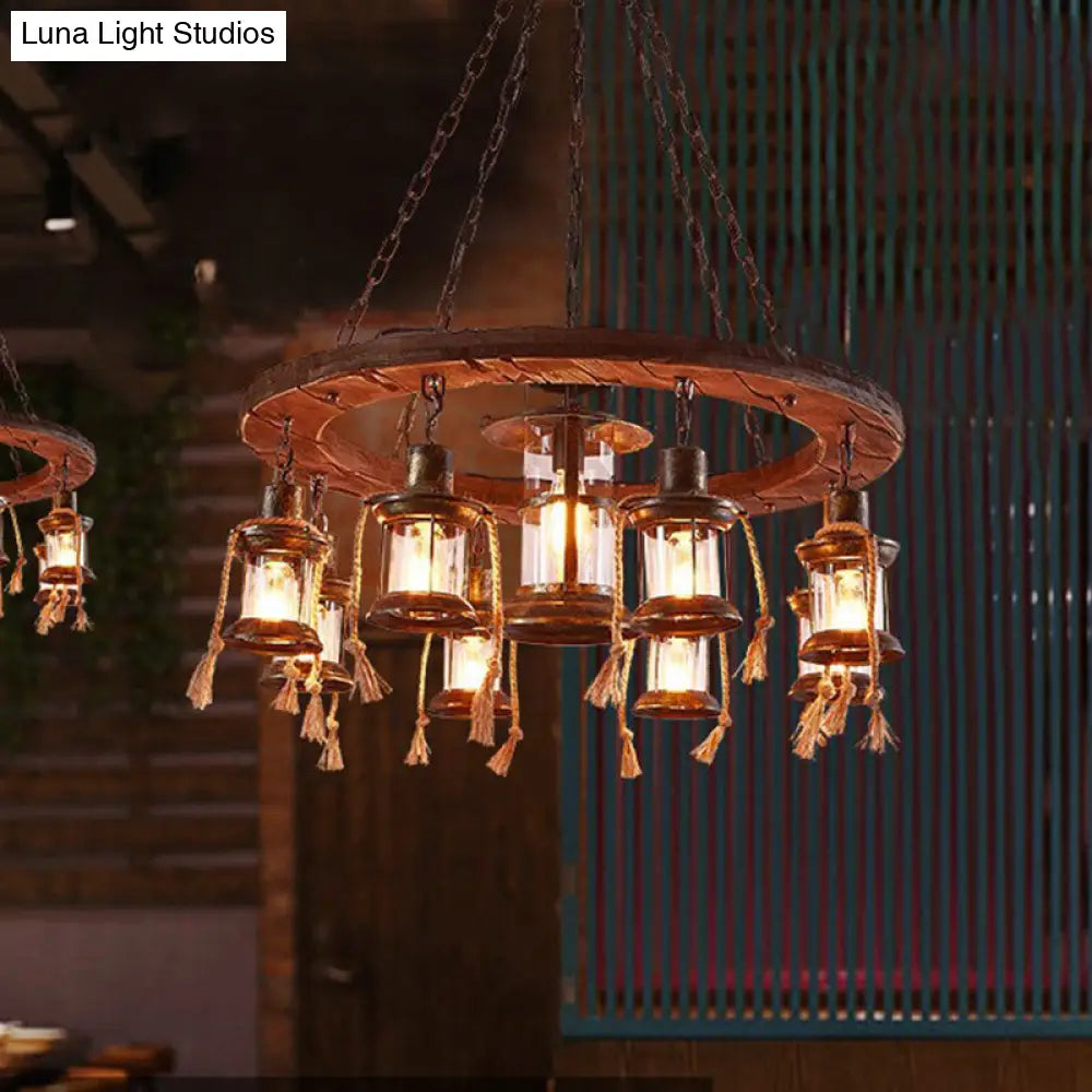 Rustic Brown Metal Pendant Chandelier with Wood Ring Deco - Perfect for Restaurant Lighting - 9 Lights
