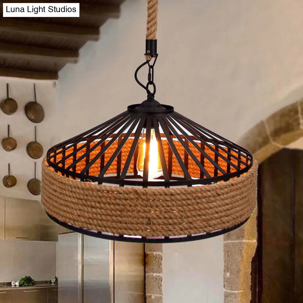 Rustic Brown Pendant Light – Countryside Barn Style Ceiling Lighting for Bistros – 1-Light