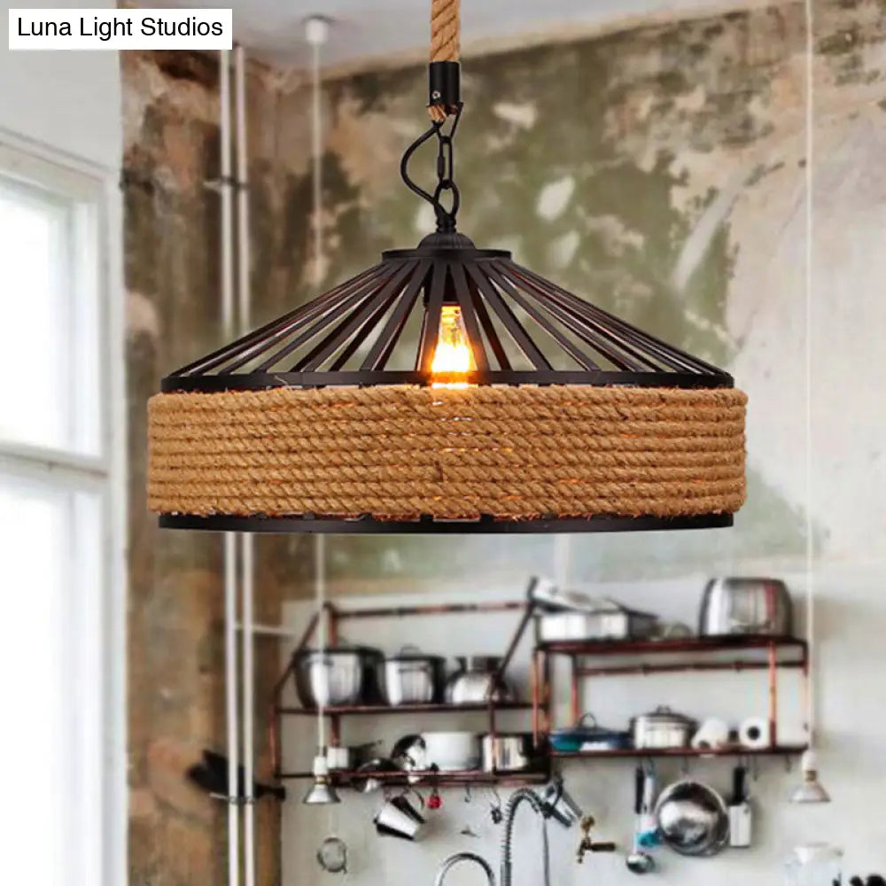 Rustic Brown Pendant Light – Countryside Barn Style Ceiling Lighting for Bistros – 1-Light