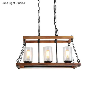 DecorBites rustic brown seeded glass island light with wooden trapezoid guard and three candle-style bulbs for living room