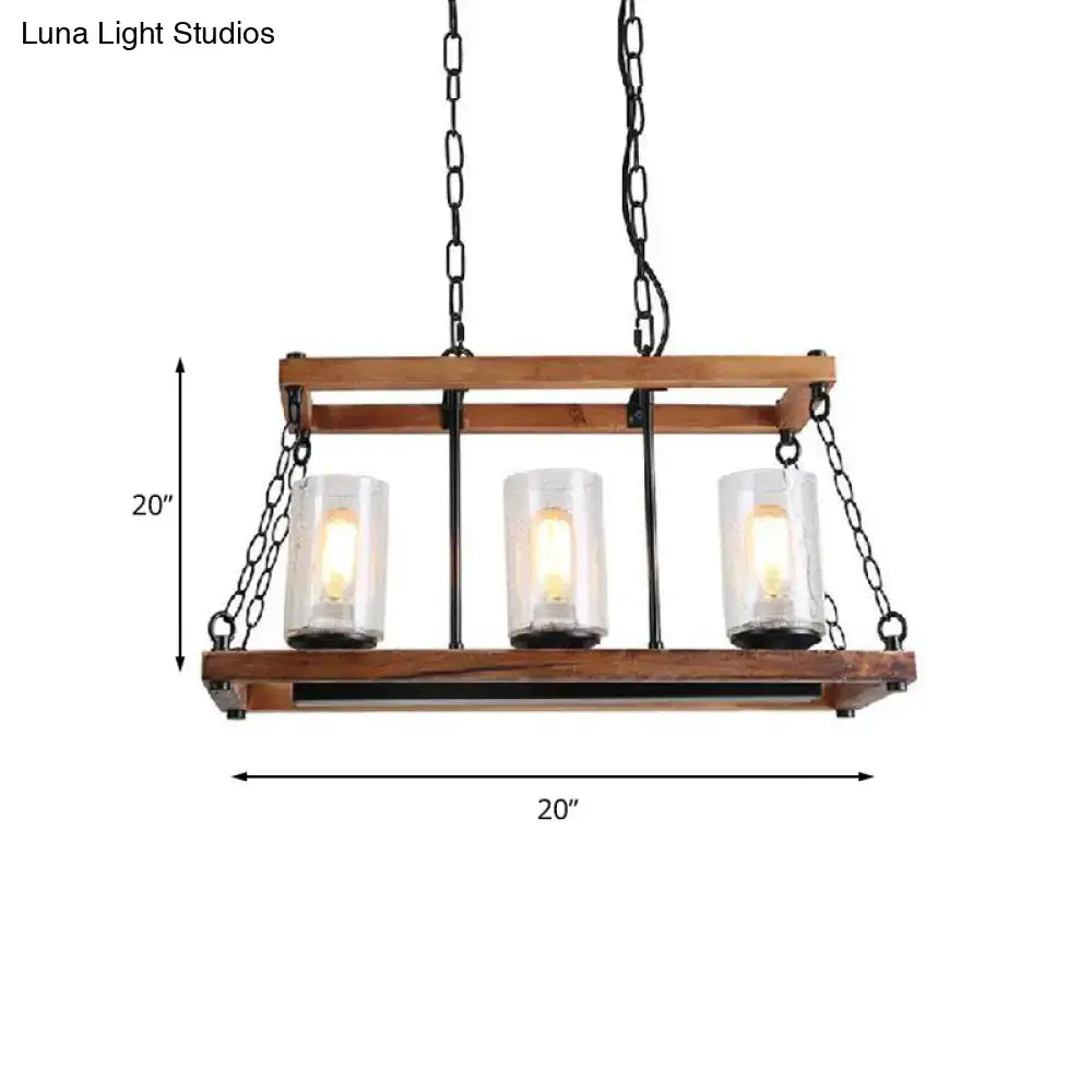 Rustic wooden rectangular chandelier with seeded glass and wooden trapezoid guard for living room 110v-120v 220v-240v