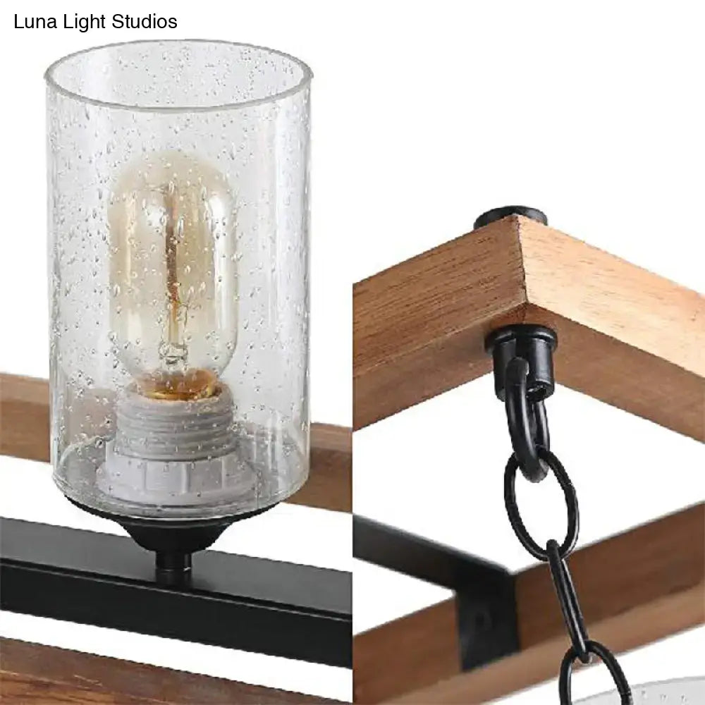 Decorbites rustic brown seeded glass island light with 3-bulb cylinder design and wooden trapezoid guard for living room