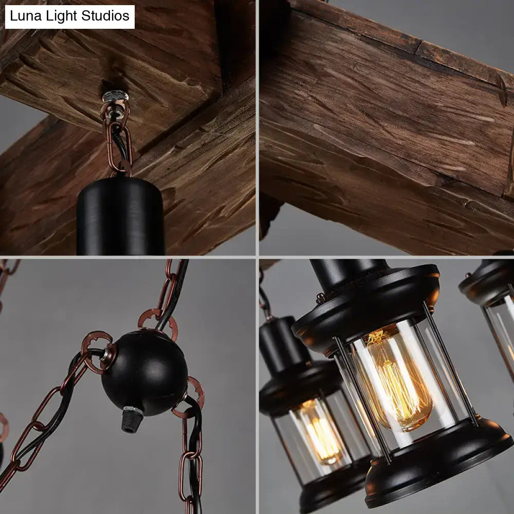 Rustic industrial ceiling light with dark wood beams, black metal lanterns, and copper chains 220v-240v for restaurants