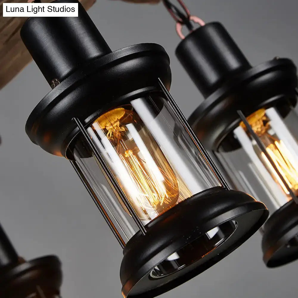 Decorbites™ rustic wooden brown 6-bulb ceiling light lantern with black metal frame and clear glass panels 220v-240v