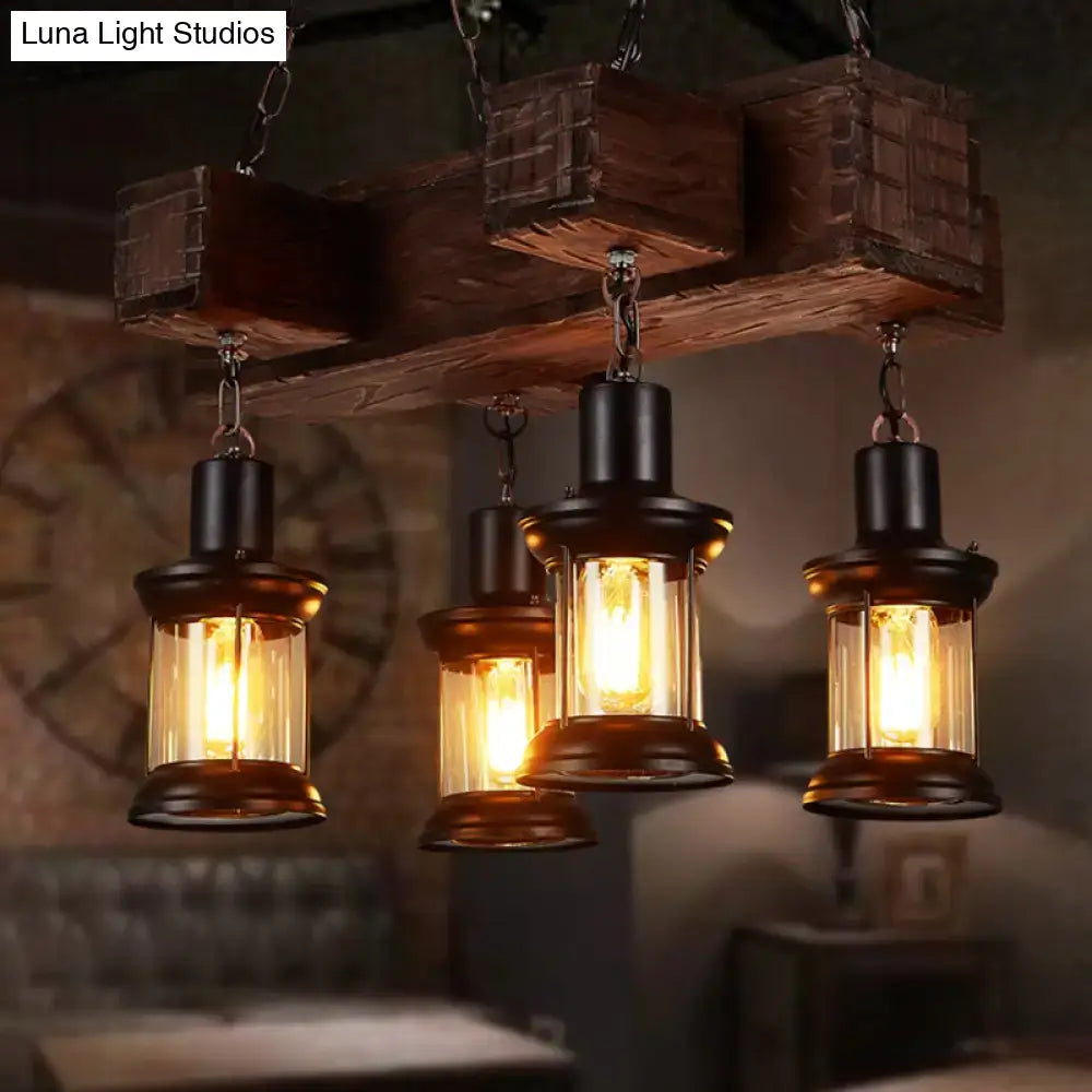 Rustic wooden brown ceiling light lantern with three amber glass lanterns in dark bronze frame 220v-240v compatible