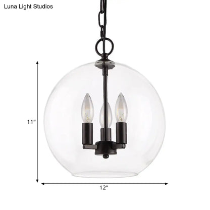 Rustic Bubble Shade Pendant Chandelier - 3-Light Ceiling Fixture with Clear Glass in Black