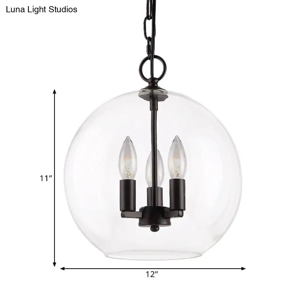Rustic Bubble Shade Pendant Chandelier - 3-Light Ceiling Fixture with Clear Glass in Black