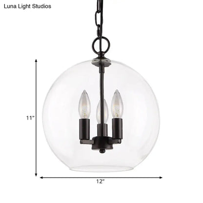 Rustic Bubble Shade Pendant Chandelier - 3-Light Ceiling Fixture with Clear Glass in Black